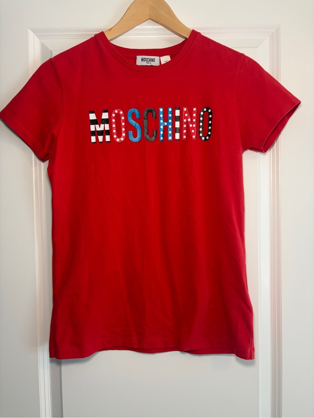 Moschino Teen | Red Logo Cotton Tee with Multicolor Patterned Letters